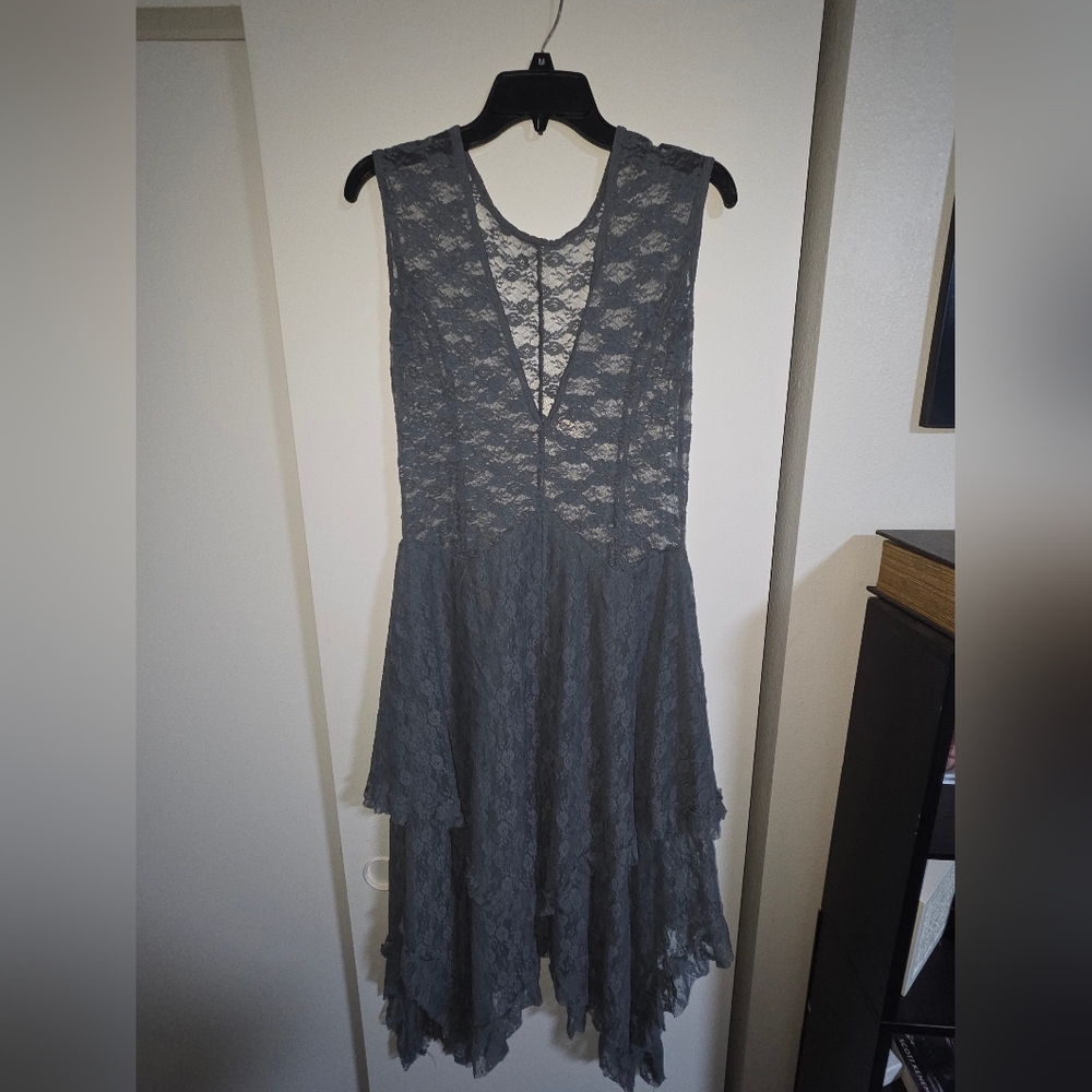 Chic Backless Lace Dress - Blue/Gray